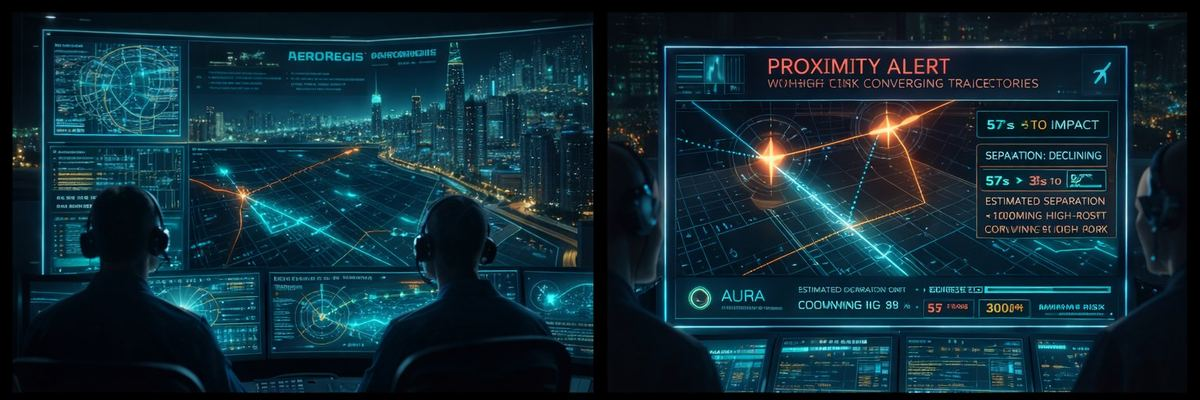 AURA proximity alert — converging trajectories detected in urban airspace