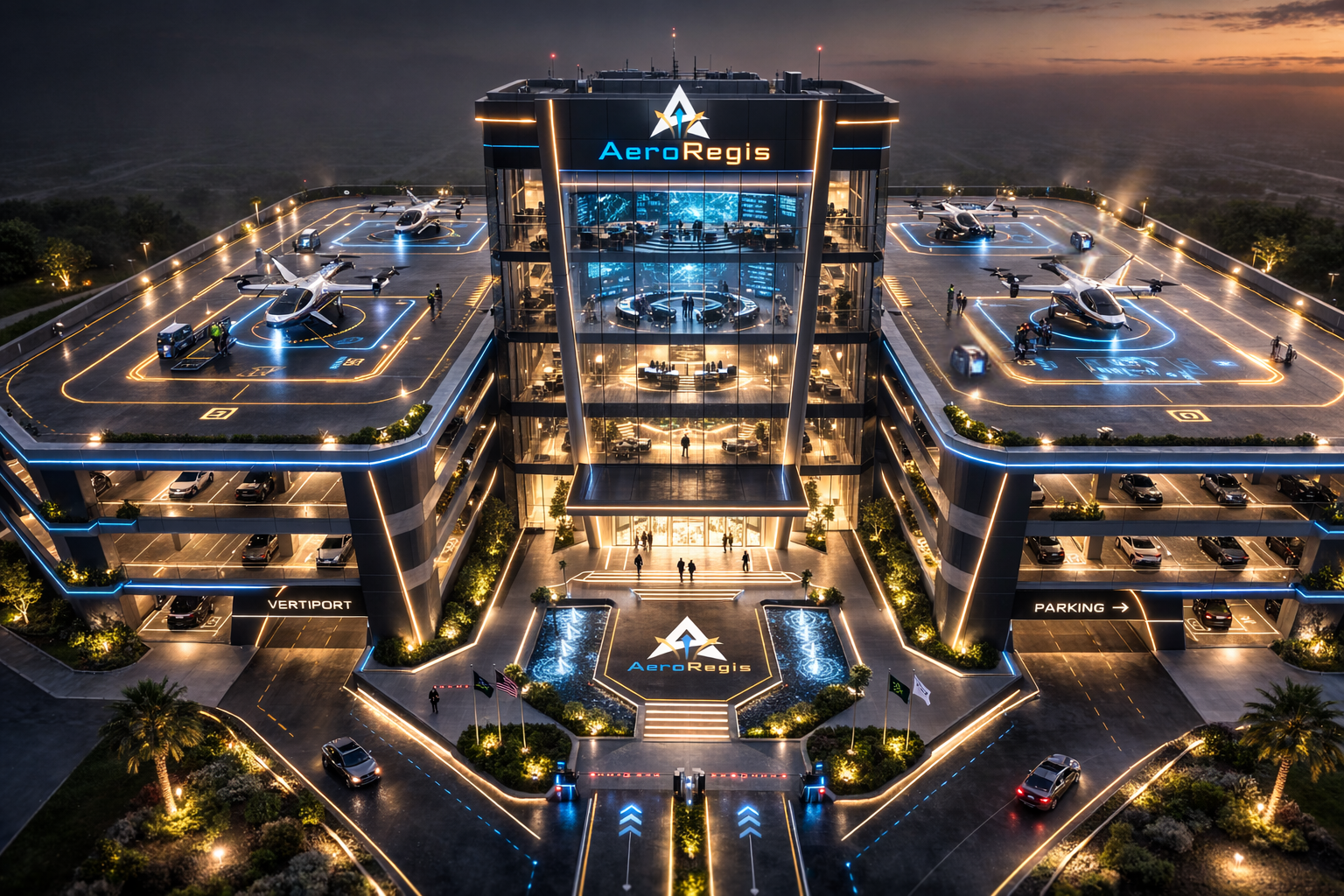 AeroRegis vertiport facility — multi-pad operations center with eVTOL aircraft and command center
